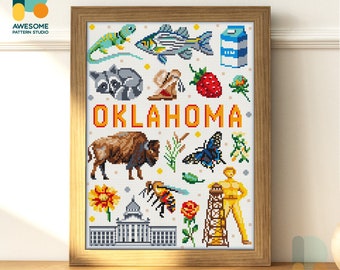 May include: A cross-stitch pattern featuring a variety of symbols representing Oklahoma, including a bison, a milk carton, a strawberry, a butterfly, a bee, a building, an oil derrick, and the word "OKLAHOMA" in orange letters.