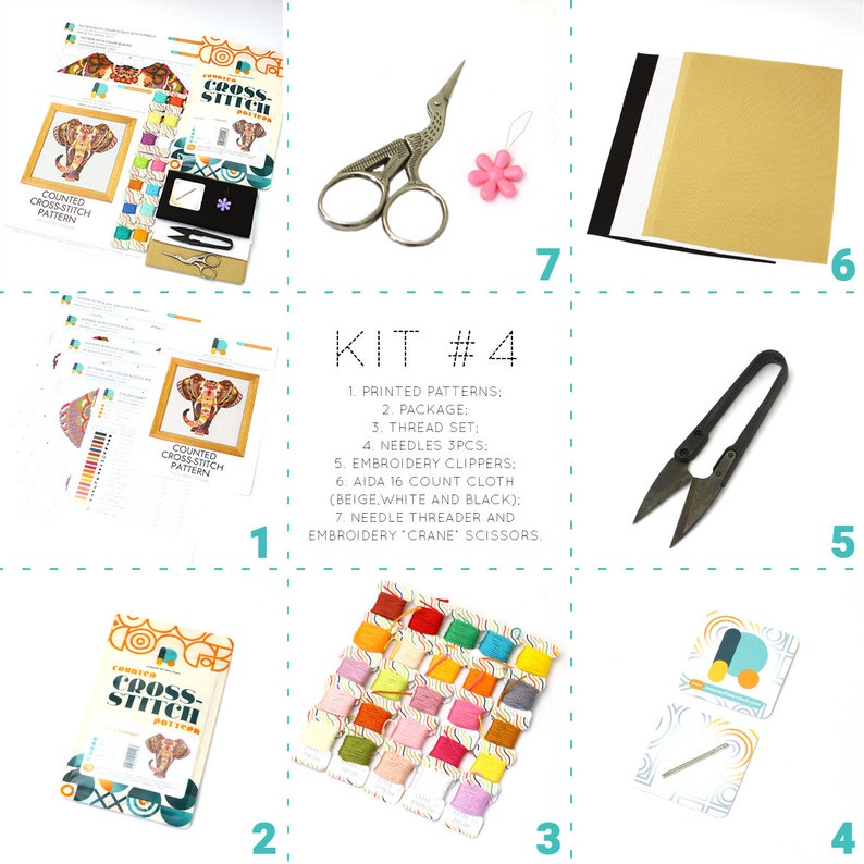 May include: A cross-stitch kit with printed patterns, thread, needles, embroidery clippers, Aida cloth, and a needle threader. The kit includes a package with an elephant design. The kit also includes embroidery scissors.