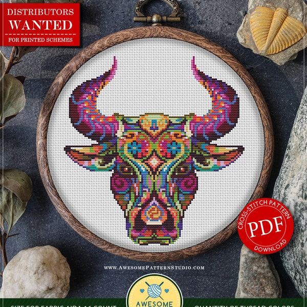 Mandala Bull #P229 Cross Stitch Embroidery Pattern Instant Download | Cross Stitch Patterns | Needlepoint | Cross Stitch Embroidery