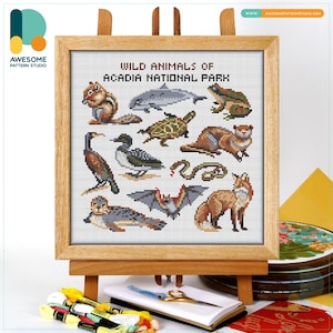 May include: A framed cross-stitch featuring various wild animals of Acadia National Park, including a chipmunk, dolphin, frog, turtle, otter, snake, fox, and bat. The artwork is displayed on a wooden easel, with the text "WILD ANIMALS OF ACADIA NATIONAL PARK".