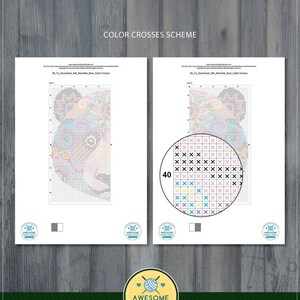 Op de afbeelding: Een digitaal PDF-bestand voor kruissteek, met een kleurrijk mandala-ontwerp en een kleurenkaart. De tekst "05. Download 156. Mandala. Bear. Color Crosses" is zichtbaar op de pagina.