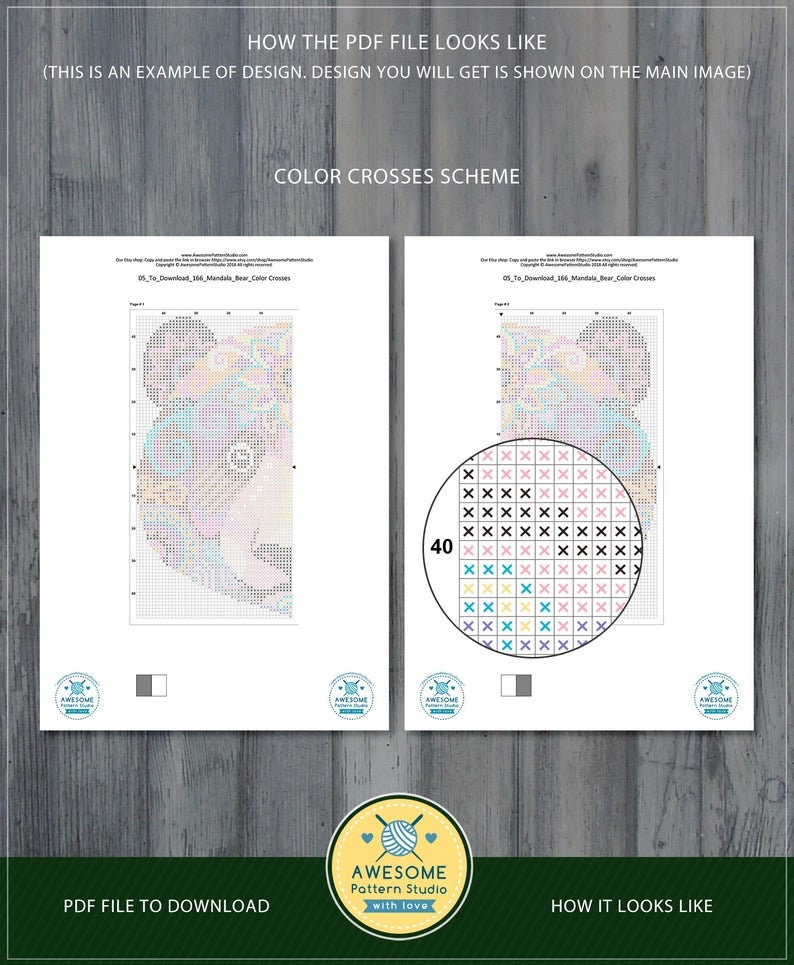 Op de afbeelding: Een digitaal PDF-bestand voor kruissteek, met een kleurrijk mandala-ontwerp en een kleurenkaart. De tekst "05. Download 156. Mandala. Bear. Color Crosses" is zichtbaar op de pagina.