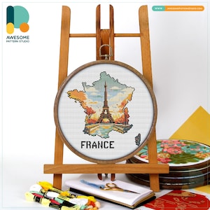 France Eiffel Tower Paris Map CS2541, Counted Cross Stitch Pattern KIT and PDF | Embroidery Pdf Pattern Download | Cross Stitch Kits