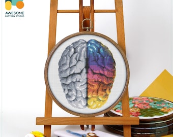 Colorful Brain Cross Stitch Pattern and Kit: Modern Embroidery Sampler for Creative Needlework Art, CS108