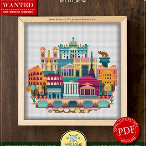 Puede incluir: Patr&oacute;n de punto de cruz contado para descargar instant&aacute;neamente, que representa una ciudad de Roma, Italia, colorida. El patr&oacute;n mide 109 x 90 puntos y utiliza 18 colores de la paleta DMC. El patr&oacute;n est&aacute; titulado "№ C141_Rome" y "www.AWESOMEPATTERNSTUDIO.COM".