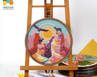 Grand Canyon, USA Cross Stitch Pattern and Kit - Modern Needlework Art for Hoop Embroidery Enthusiasts, CS338