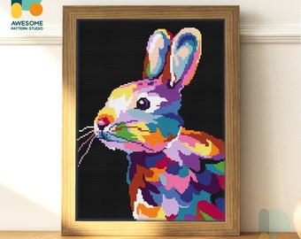 Colorful Rabbit Portrait: Diamond Painting Kit, Modern 5d Diamond Painting Art, PDF  for Creative Paint by Numbers Art, DS902