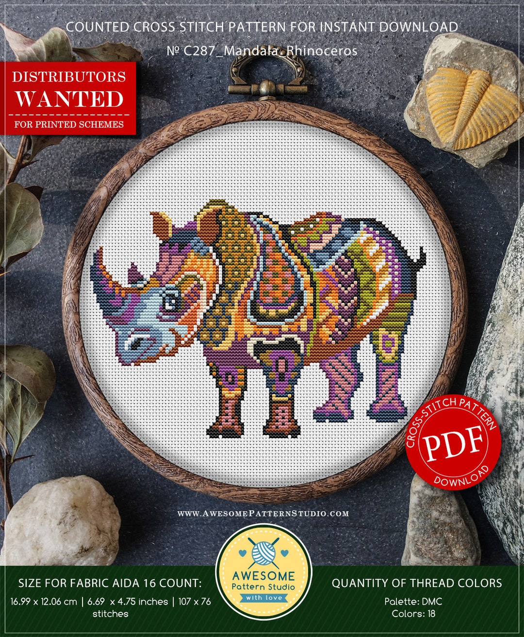 Mandala rhinocéros #P287 broderie point de croix motif