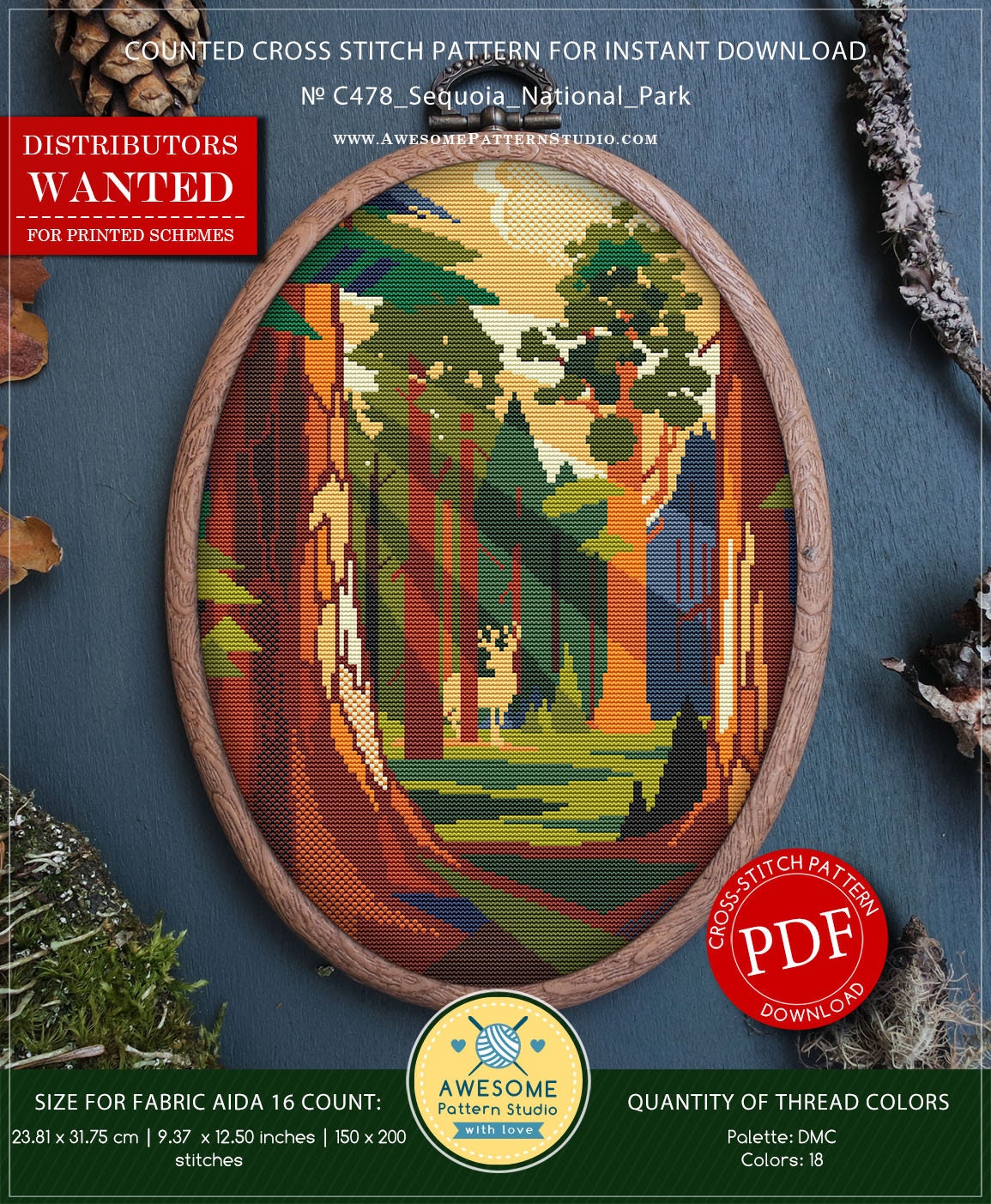 Kreuzstich-Set Sequoia National Park – Inkl. Stoff, Garn, Nadeln, Muster & Zubehör, 120 X 120 Stiche Auf AIDA 16