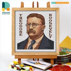 Theodore Roosevelt Portrait Cross Stitch Kit and Pattern - Modern Needlework Art for Hoop Embroidery Enthusiasts, CS3042