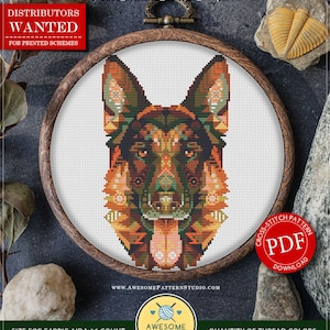 May include: Counted cross stitch pattern for instant download of a mandala German Shepherd dog. The pattern is in a wooden embroidery hoop and is 4.31 inches by 7.31 inches. The pattern is available as a PDF download. The pattern uses 18 colors of DMC thread.