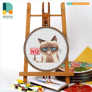 Grumpy Cat NO Cross Stitch Pattern and Kit - Funny Modern Cross Stitch with Hoop Art for Needlework Lovers, CS1662