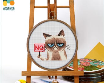 Grumpy Cat NO Cross Stitch Pattern and Kit - Funny Modern Cross Stitch with Hoop Art for Needlework Lovers, CS1662