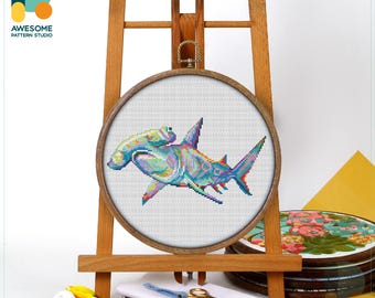 Hammerhead Shark Cross Stitch Kit and Pattern - Modern Cross Stitch Needlework Art for Unique Embroidery Sampler Enthusiasts, CS1353