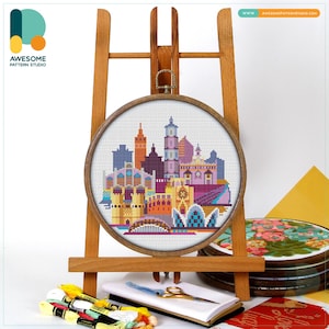 Valencia, Spain, Europe Cross Stitch Kit and Pattern - Modern Cross Stitch Embroidery Sampler for Needlework Art Enthusiasts, CS958