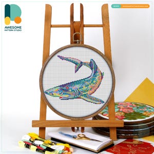 Blue Shark Cross Stitch Pattern and Kit: Modern Needlework Art for Beginners, Includes PDF Pattern and Hoop Art Essentials, CS1338