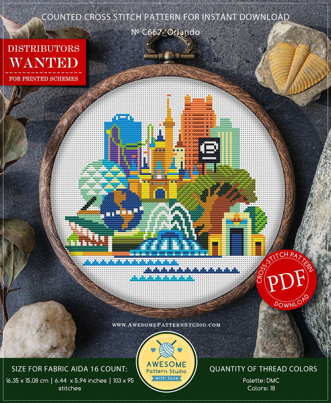 Orlando, Florida P667 PDF Cross Stitch Pattern Embroidery Pattern