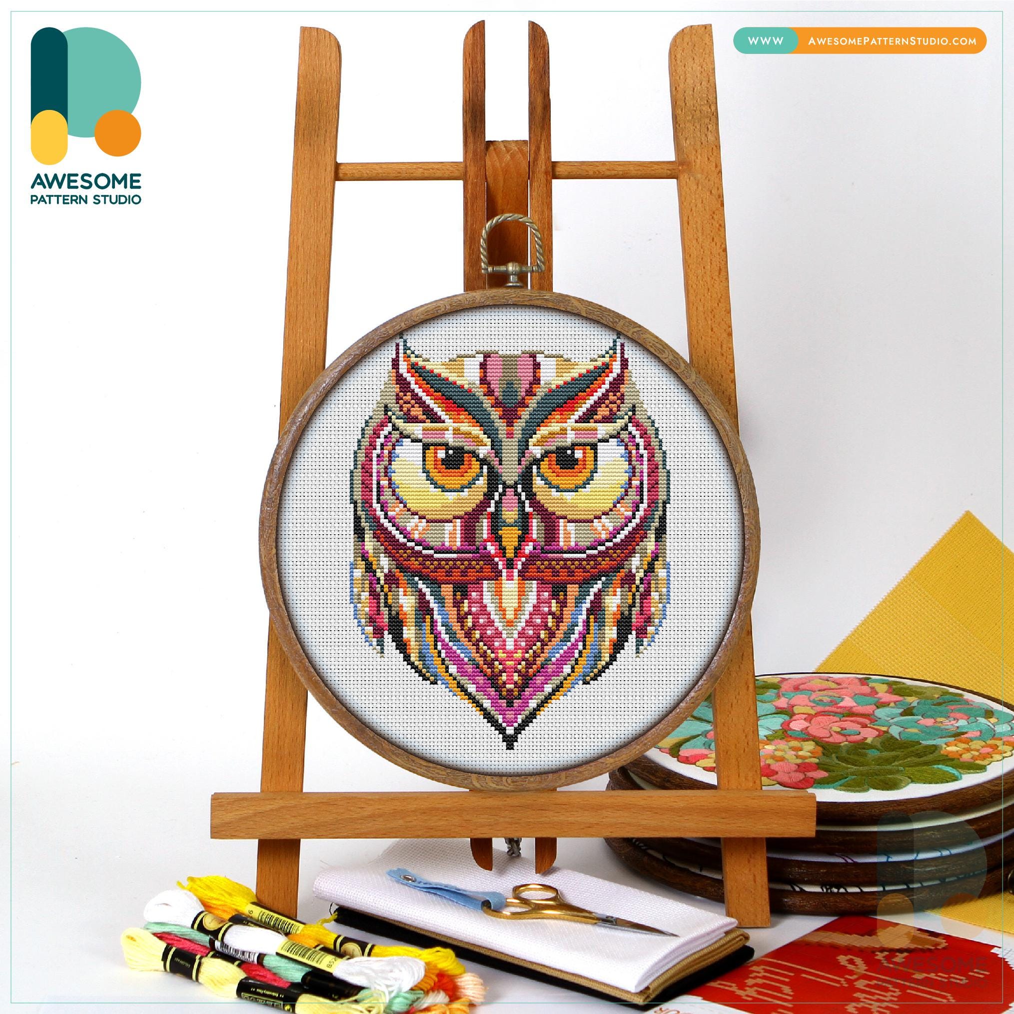 Mandala Owl Cross Stitch Pattern and Kit Modern Cross Stitch Needlework Art PDF Pattern and Hand Emb