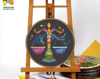 Zodiac Libra Cross Stitch Pattern and Kit: Modern Embroidery Sampler for Needlework Art Enthusiasts, CS131