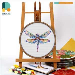 Dragonfly in Garden Cross Stitch Pattern and Kit - Modern Needlework Art with PDF Pattern and Embroidery Sampler, CS2614