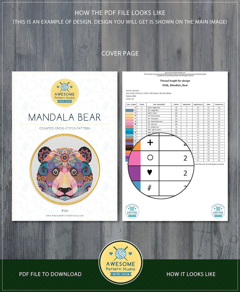 Op de afbeelding: Een geteld kruissteekpatroon met een kleurrijk mandala-beerontwerp. Het patroon bevat een kleurenkaart en een sleutel met symbolen voor elke kleur. Het patroon is getiteld "Mandala Bear" en is genummerd #166. Het patroon is van Awesome Pattern Studio.