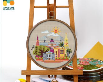 Charleston, USA, America Cross Stitch Pattern and Kit - Modern Cross Stitch Needlework Art, CS071