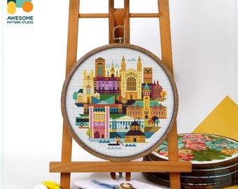 Cambridge, England, United Kingdom Cross Stitch Pattern and Kit: Modern Needlework Art, Embroidery Sampler Hoop Art, CS2293