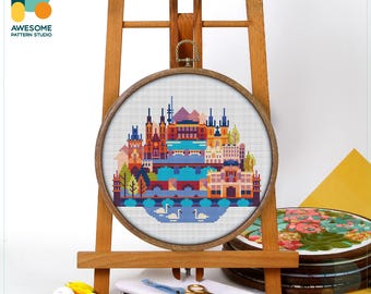 Prague, Czech Republic, Europe Cross Stitch Pattern and Kit: Modern Needlework Art for a European Embroidery Sampler, CS140