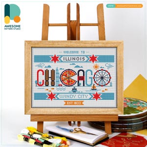 Chicago, Illinois USA, America Cross Stitch Pattern and Kit - Modern Needlework Art and Embroidery Sampler, CS2964 CS2964(162 x 120)