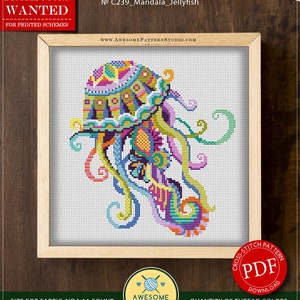 May include: A counted cross stitch pattern for a colorful mandala jellyfish design. The pattern is available for instant download as a PDF file. The pattern is 99 stitches wide by 105 stitches high and uses 16 colors of DMC thread.