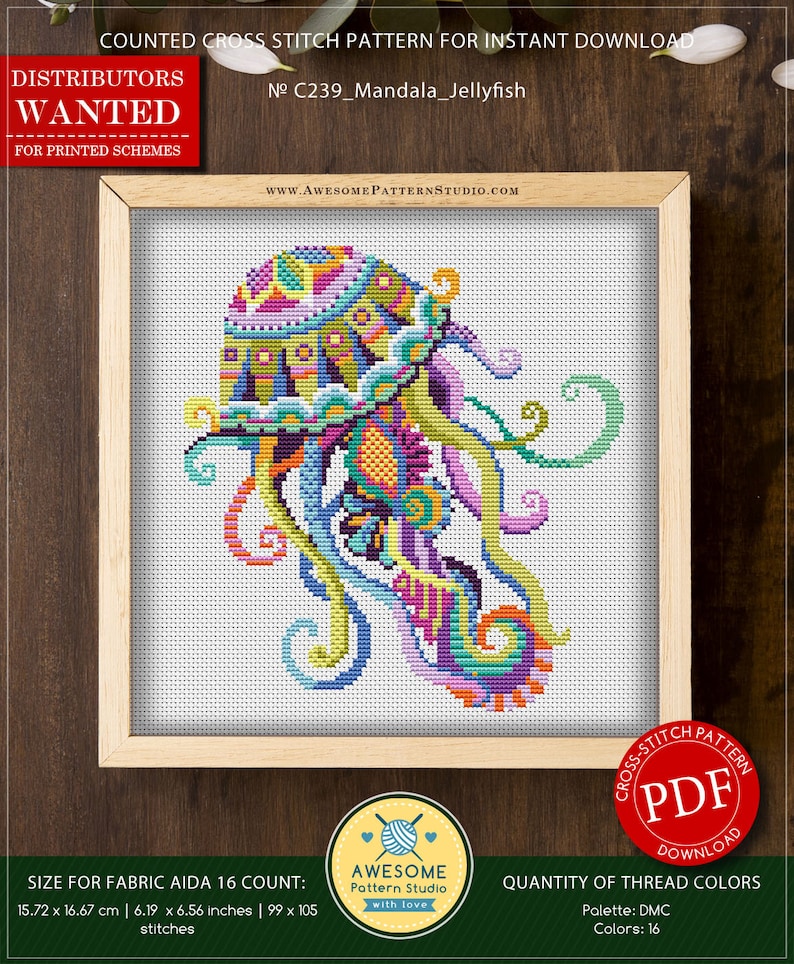 May include: A counted cross stitch pattern for a colorful mandala jellyfish design. The pattern is available for instant download as a PDF file. The pattern is 99 stitches wide by 105 stitches high and uses 16 colors of DMC thread.