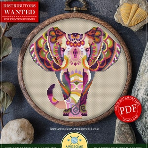 May include: A colourful cross stitch pattern of an elephant with a mandala design. The pattern is framed in a wooden hoop and is available as a PDF download. The pattern is 103 stitches by 103 stitches and requires 18 colours of DMC thread.