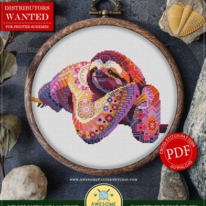 Mandala Sloth #P602 Embroidery Cross Stitch Pattern Download