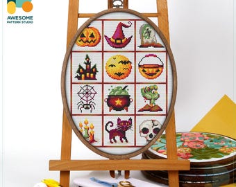 Halloween Icons Collection Cross Stitch Pattern and Kit - Modern Cross Stitch for Needlework Art and Embroidery Sampler Enthusiasts, CS1376