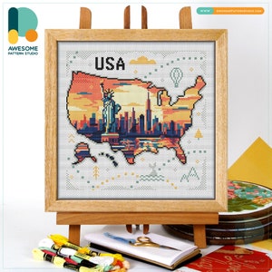 USA New York Map CS2524, Counted Cross Stitch Pattern KIT and PDF | Embroidery Pdf Pattern Download | Cross Stitch Kits