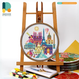 Paris, France, Europe Cross Stitch Pattern and Kit: Modern Needlework Art, PDF Pattern, Embroidery Sampler for DIY Enthusiasts, CS137