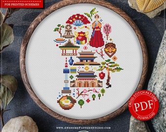 Korea In Icons #P842 Cross Stitch Pattern Cross Stitch Embroidery PDF Pattern Download Cross Stitch Kits | How to Cross Stitch | Needlepoint