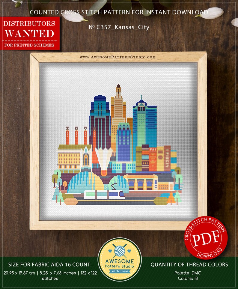 Kansas City P357 Embroidery Cross Stitch Pattern Download Etsy