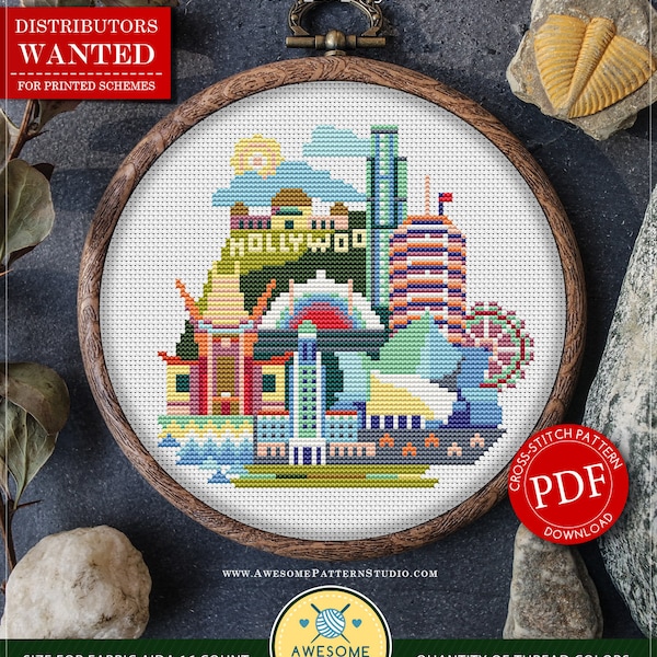 Los Angeles #P073 Cross Stitch Embroidery PDF Pattern Download | Cross Stitch Kits | Needlepoint | Counted Cross Stitch