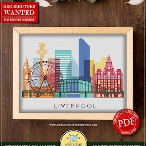 May include: Framed cross-stitch pattern of the Liverpool skyline, featuring a Ferris wheel, buildings, and the word "LIVERPOOL". The pattern is for instant download and includes 19 colors. The fabric size is 11.44 x 7.94 inches.