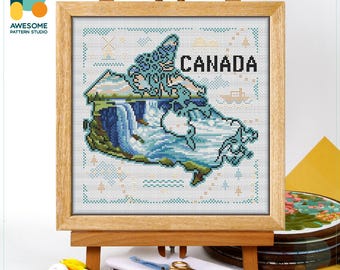 Niagara Falls Map, Canada Cross Stitch Pattern and Kit - Modern Cross Stitch and Needlework Art for Beautiful Embroidery Sampler, CS2528
