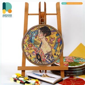 Lady with Fan By Gustav Klimt Cross Stitch Pattern and Kit Modern Needlework Art PDF Pattern, CS2277