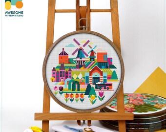Lisse, Netherlands, Europe Cross Stitch Pattern and Kit - Modern Cross Stitch Needlework Art for Embroidery Enthusiasts, CS1633