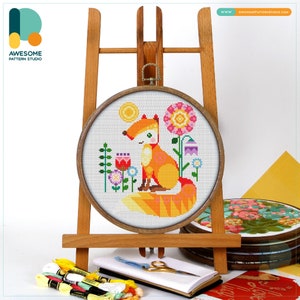 Fox in Garden Cross Stitch Pattern and Kit - Modern Cross Stitch Needlework Art, CS1617