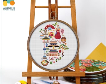 Korea Icons Cross Stitch Pattern and Kit: Modern Needlework Art for Embroidery Enthusiasts, CS842