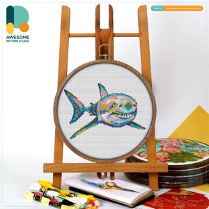 Great White Shark Cross Stitch Pattern and Kit - Modern Needlework Art Embroidery Sampler, CS1354