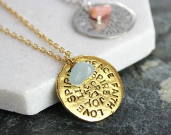 Birthstone Mantra Necklace - Birthday Present - September - October - Spirit - Peace - Love- Joy - Gift for her - March