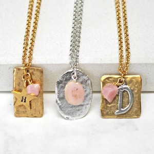 Personalised October Birthstone Pendant with Gemstones and Initials - Pink Opal - Birthday Present