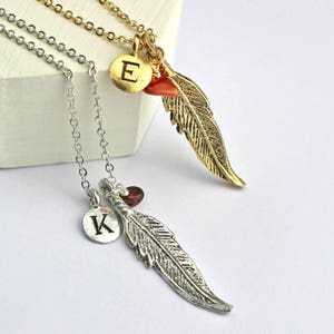 Personalised Feather Charm and Birthstone Necklace with Initial