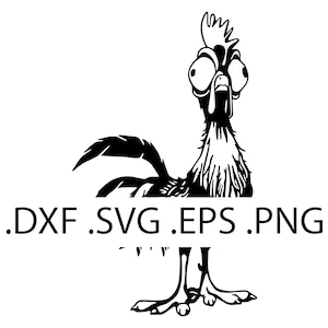 Puede incluir: Ilustración en blanco y negro de un gallo con ojos grandes y una expresión de sorpresa. El gallo está de pie con las patas separadas y sus plumas de cola extendidas detrás de él. El texto .DXF .SVG .EPS .PNG está debajo del gallo.